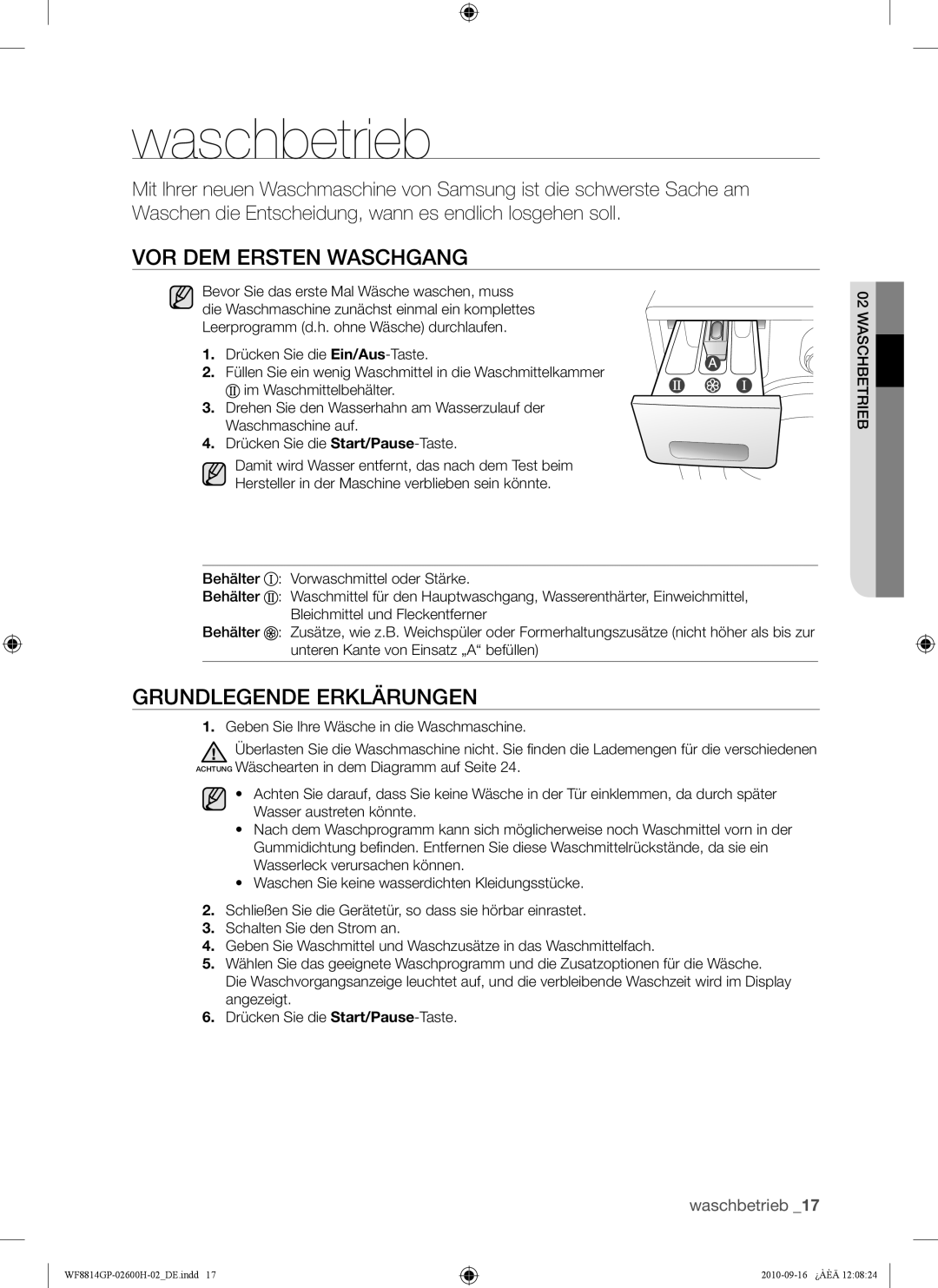 Samsung WF8714GPH/XEG, WF8814GPA1/XEG, WF8724GPA/XEG manual Waschbetrieb, VOR DEM Ersten Waschgang, Grundlegende Erklärungen 