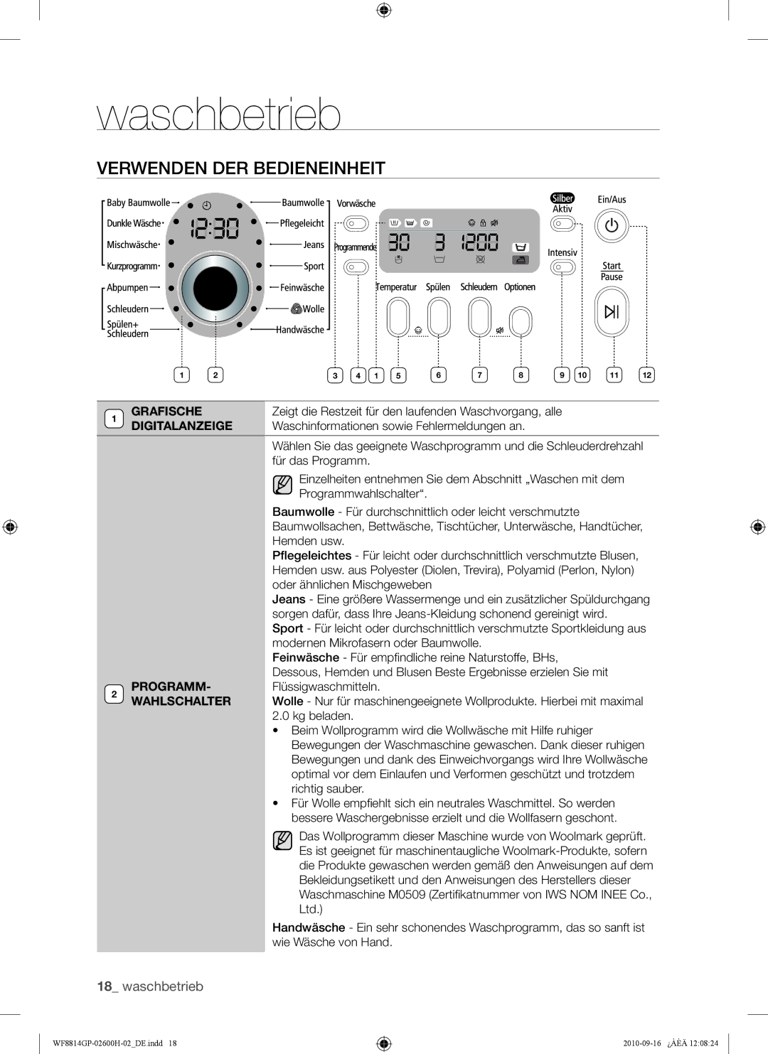 Samsung WF8814GPA1/XEG, WF8724GPA/XEG, WF8814GPA/XEG, WF8724GPA1/XEG, WF8714GPH1/XEG manual Verwenden DER Bedieneinheit 