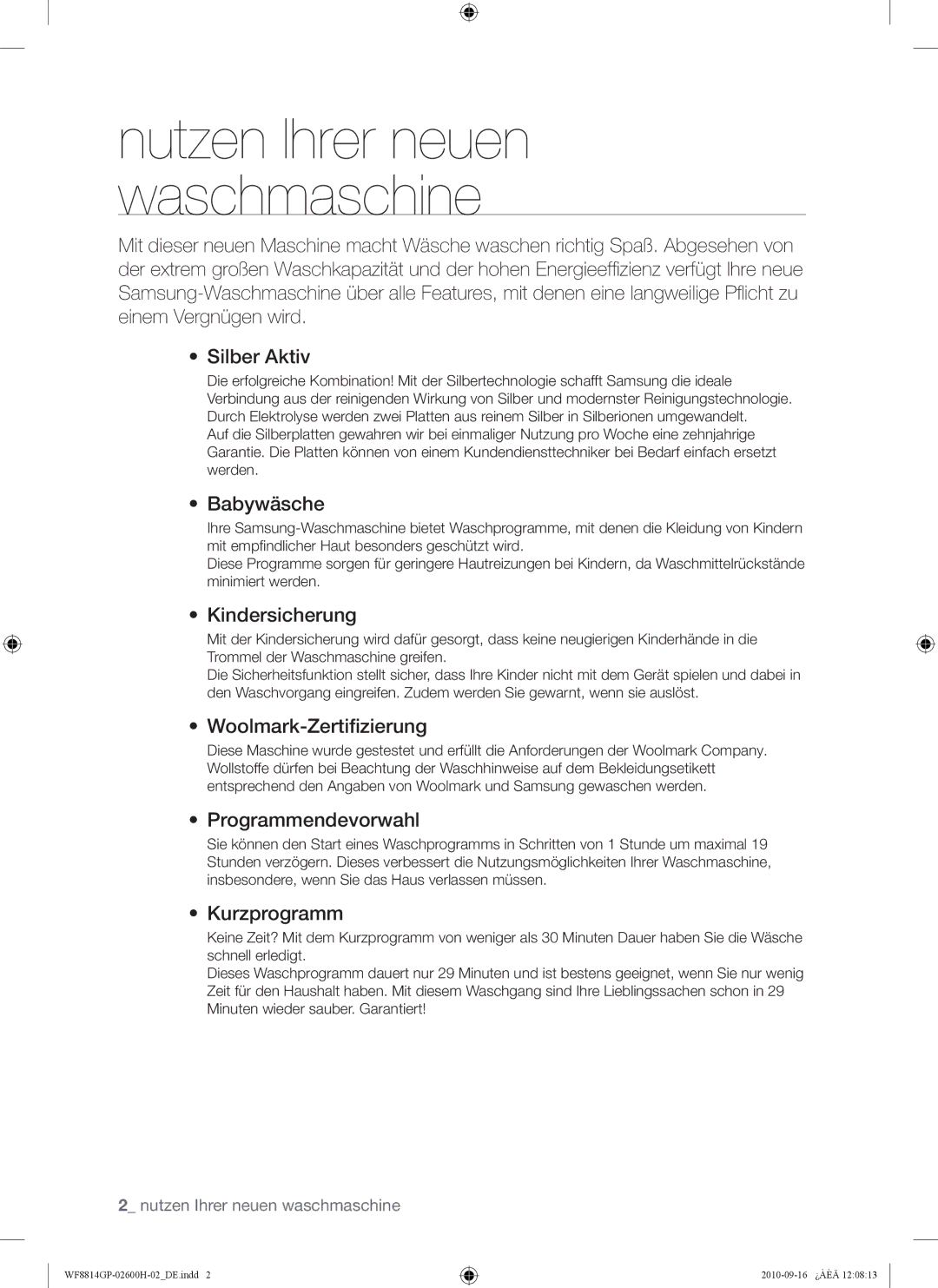 Samsung WF8814GPA/XEG manual Babywäsche, Kindersicherung, Woolmark-Zertiﬁzierung, Programmendevorwahl, Kurzprogramm 