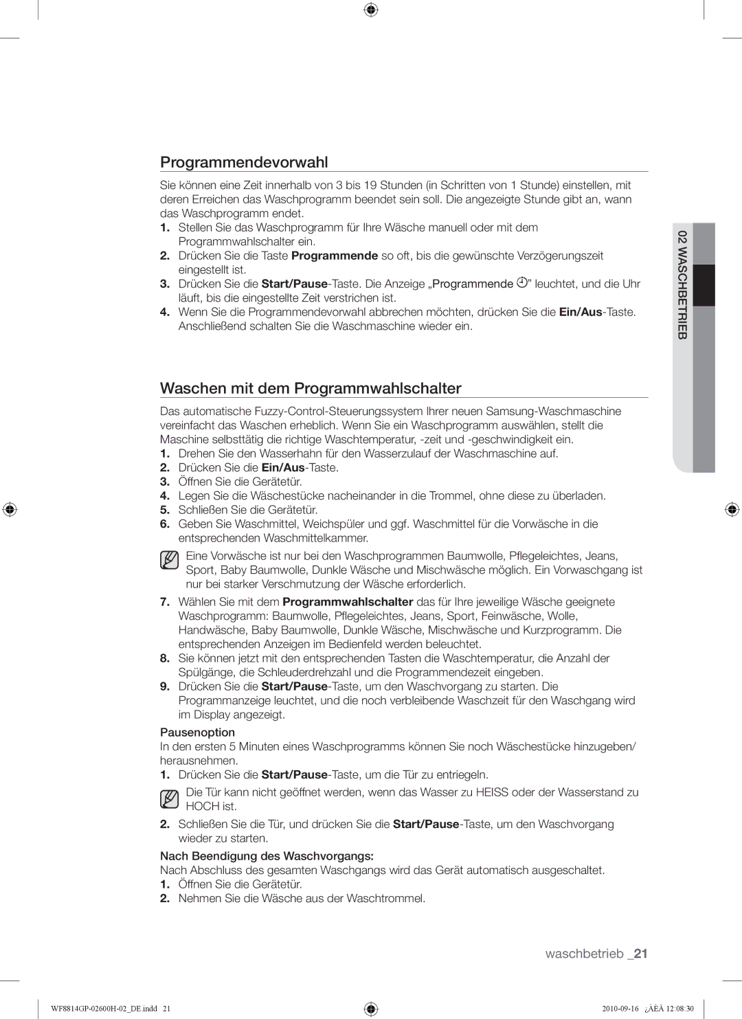 Samsung WF8724GPA1/XEG, WF8814GPA1/XEG, WF8724GPA/XEG manual Programmendevorwahl, Waschen mit dem Programmwahlschalter 