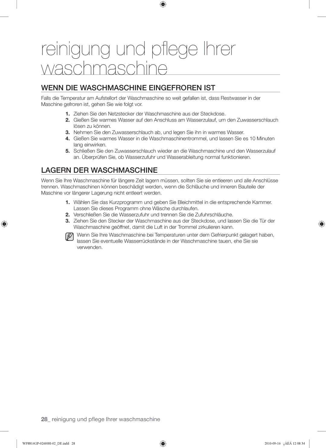 Samsung WF8714GPH1/XEG, WF8814GPA1/XEG, WF8724GPA/XEG manual Wenn DIE Waschmaschine Eingefroren IST, Lagern DER Waschmaschine 