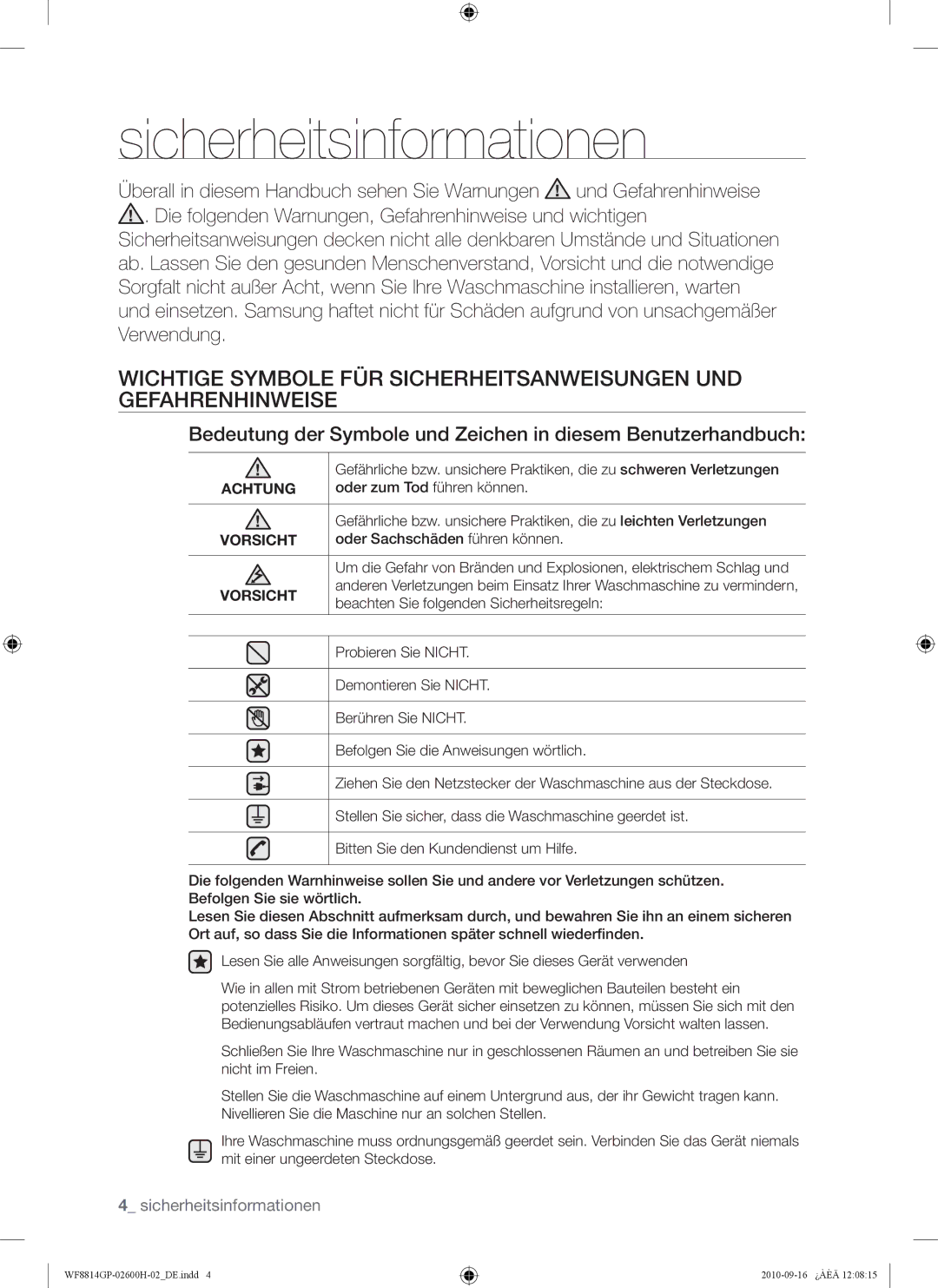 Samsung WF8714GPH1/XEG, WF8724GPA/XEG Sicherheitsinformationen, Oder zum Tod führen können, Oder Sachschäden führen können 