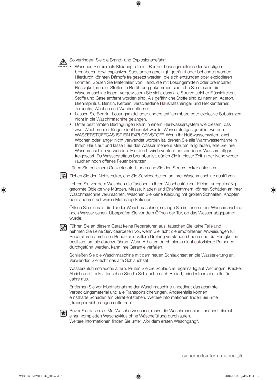 Samsung WF8714GPH/XEG, WF8814GPA1/XEG, WF8724GPA/XEG, WF8814GPA/XEG, WF8724GPA1/XEG, WF8714GPH1/XEG Sicherheitsinformationen 