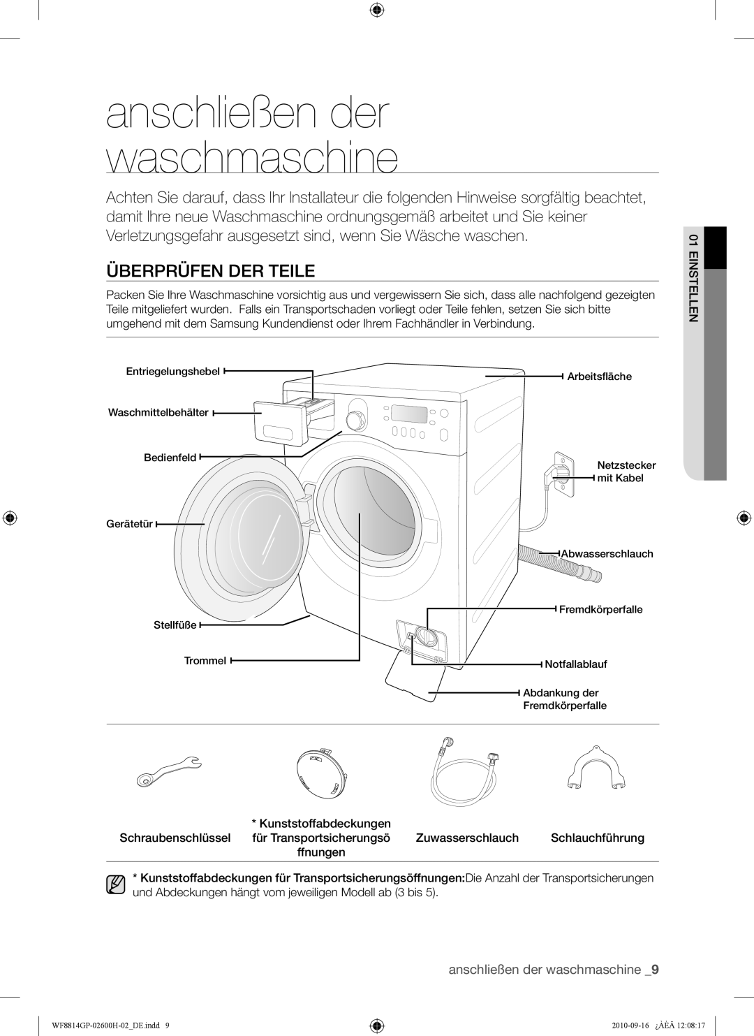 Samsung WF8724GPA1/XEG, WF8814GPA1/XEG, WF8724GPA/XEG, WF8814GPA/XEG Anschließen der waschmaschine, Überprüfen DER Teile 