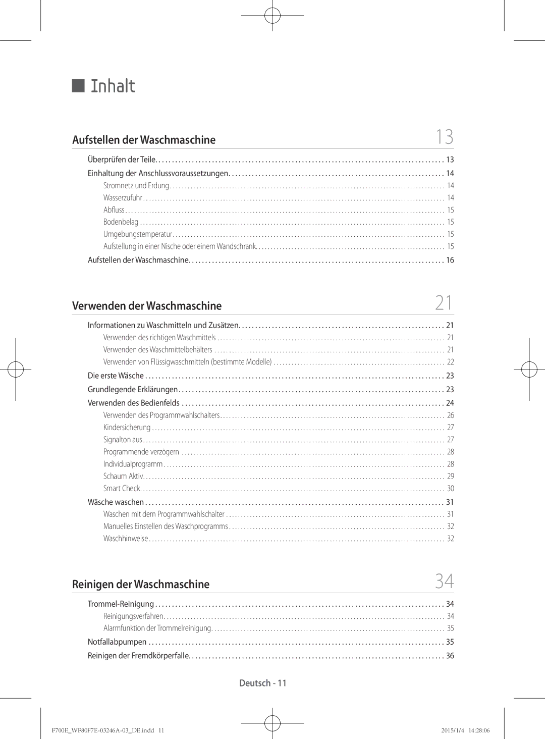 Samsung WF88F7E6P6W3EG manual Inhalt, Aufstellen der Waschmaschine 