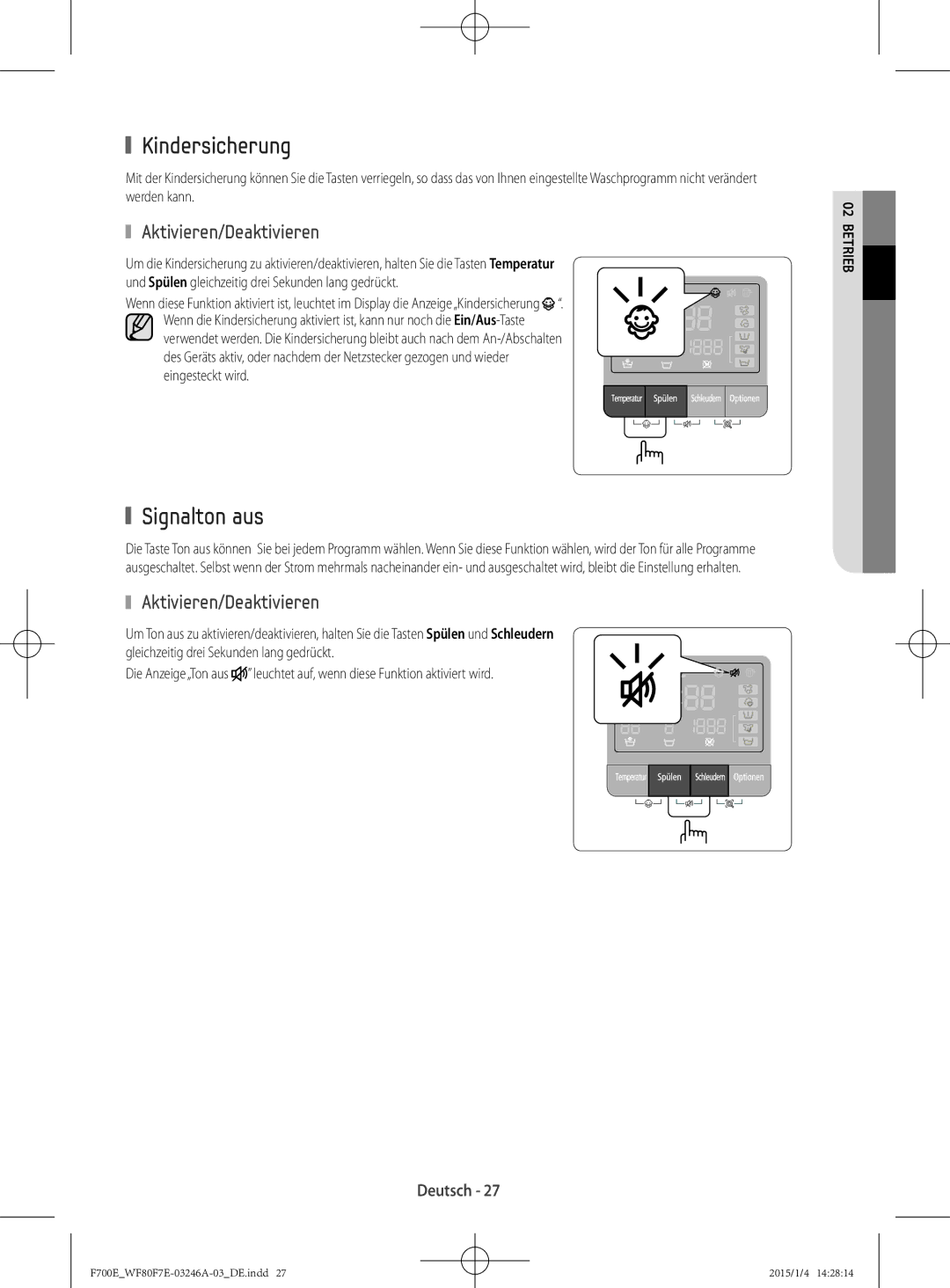 Samsung WF88F7E6P6W3EG manual Kindersicherung, Signalton aus, Aktivieren/Deaktivieren 