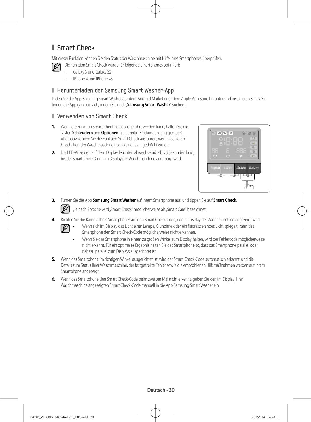 Samsung WF88F7E6P6W3EG manual Herunterladen der Samsung Smart Washer-App, Verwenden von Smart Check 