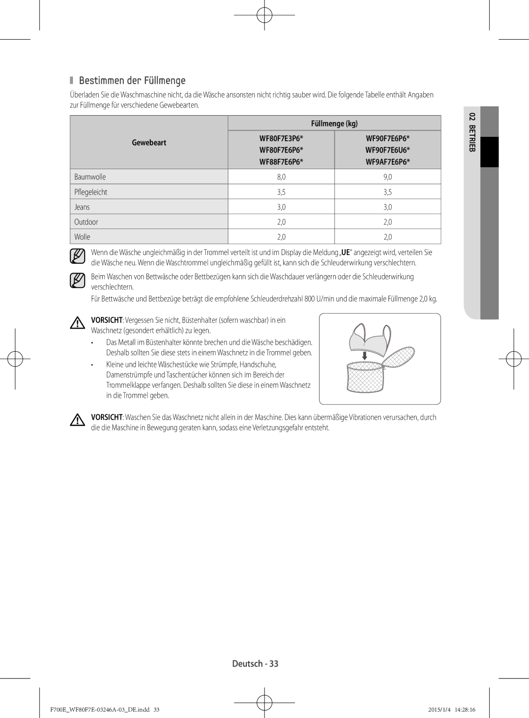 Samsung WF88F7E6P6W3EG manual Bestimmen der Füllmenge, Füllmenge kg, Gewebeart, Baumwolle Pflegeleicht Jeans Outdoor Wolle 