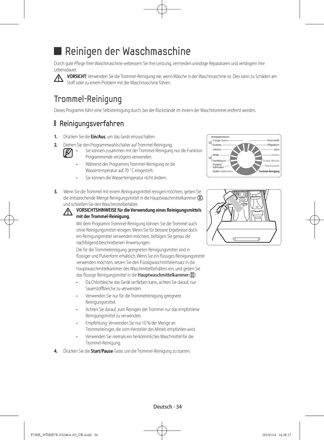 Samsung WF88F7E6P6W3EG manual Reinigen der Waschmaschine, Trommel-Reinigung, Reinigungsverfahren 