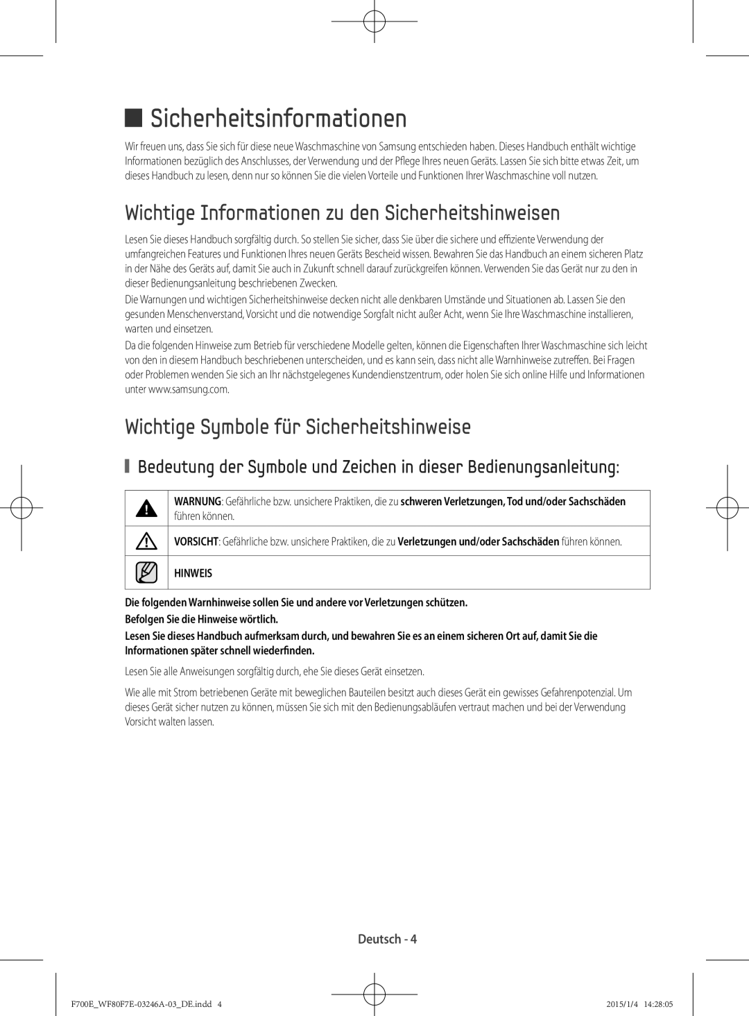 Samsung WF88F7E6P6W3EG manual Sicherheitsinformationen, Wichtige Informationen zu den Sicherheitshinweisen 