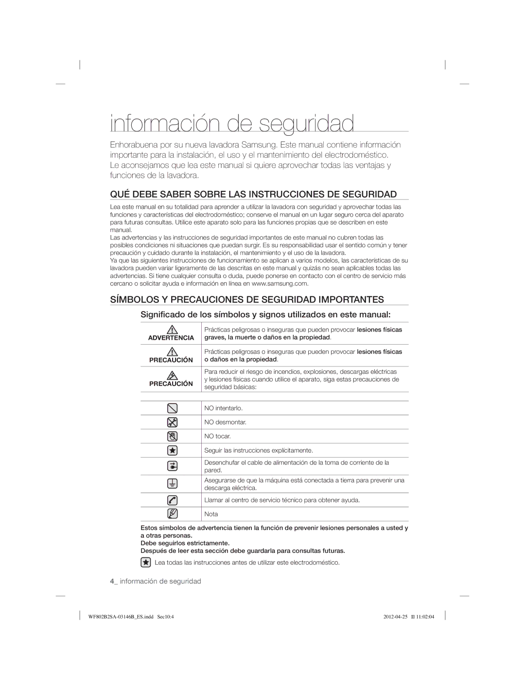 Samsung WF902B2SAWQ/EC, WF802B2SAWQ/EP, WF802B2SAWQ/EC manual QUÉ Debe Saber Sobre LAS Instrucciones DE Seguridad 