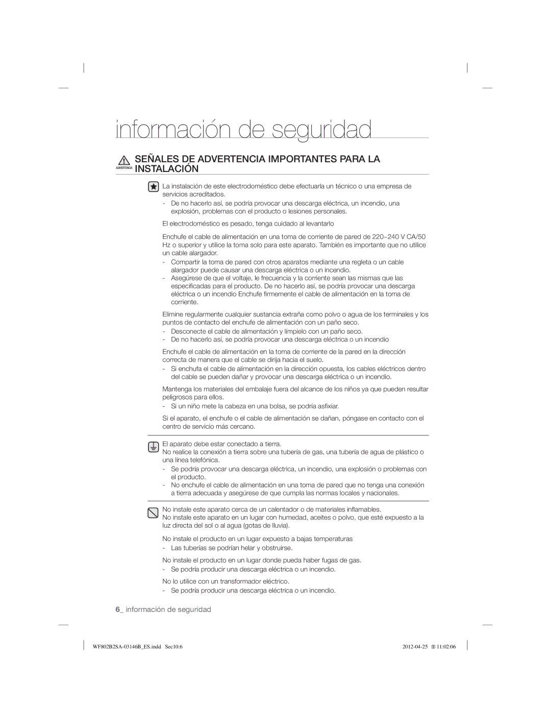 Samsung WF802B2SAWQ/EC, WF902B2SAWQ/EC, WF802B2SAWQ/EP manual Señales DE Advertencia Importantes Para LA 