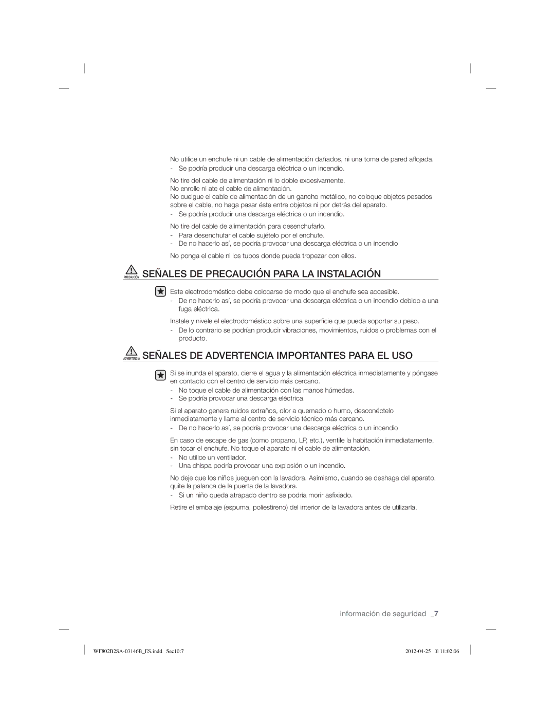 Samsung WF902B2SAWQ/EC, WF802B2SAWQ/EP, WF802B2SAWQ/EC manual Precaución Señales DE Precaución Para LA Instalación 