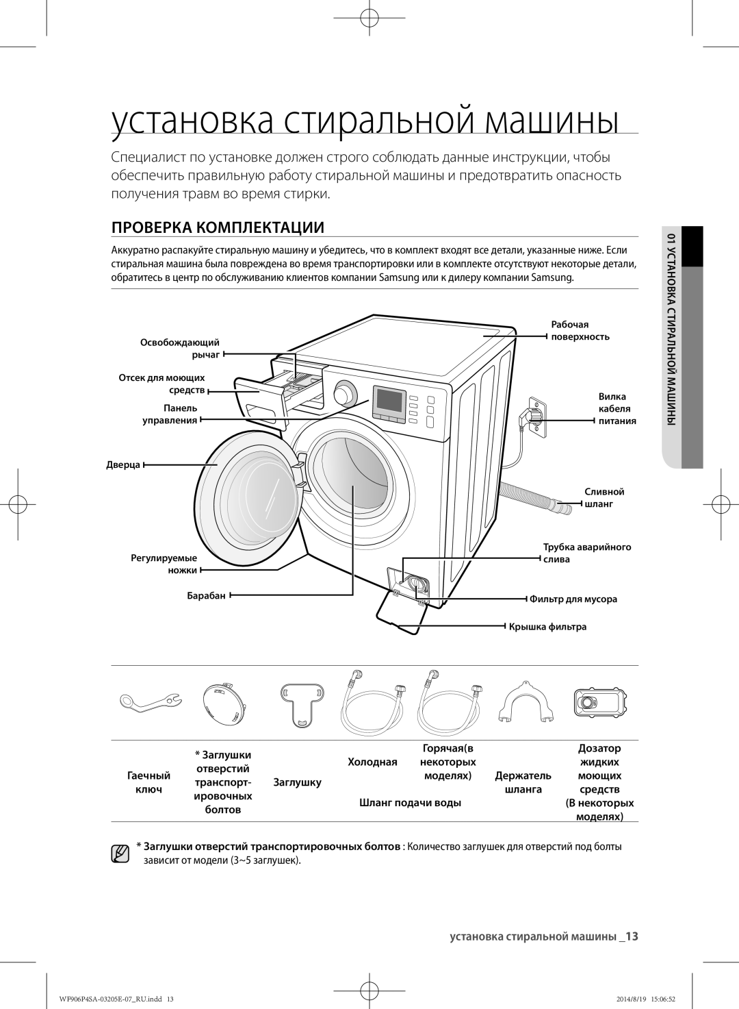 Samsung WF906P4SAGD/LP, WF906P4SAWQ/LP manual Проверка комплектации, Установка стиральной машины 