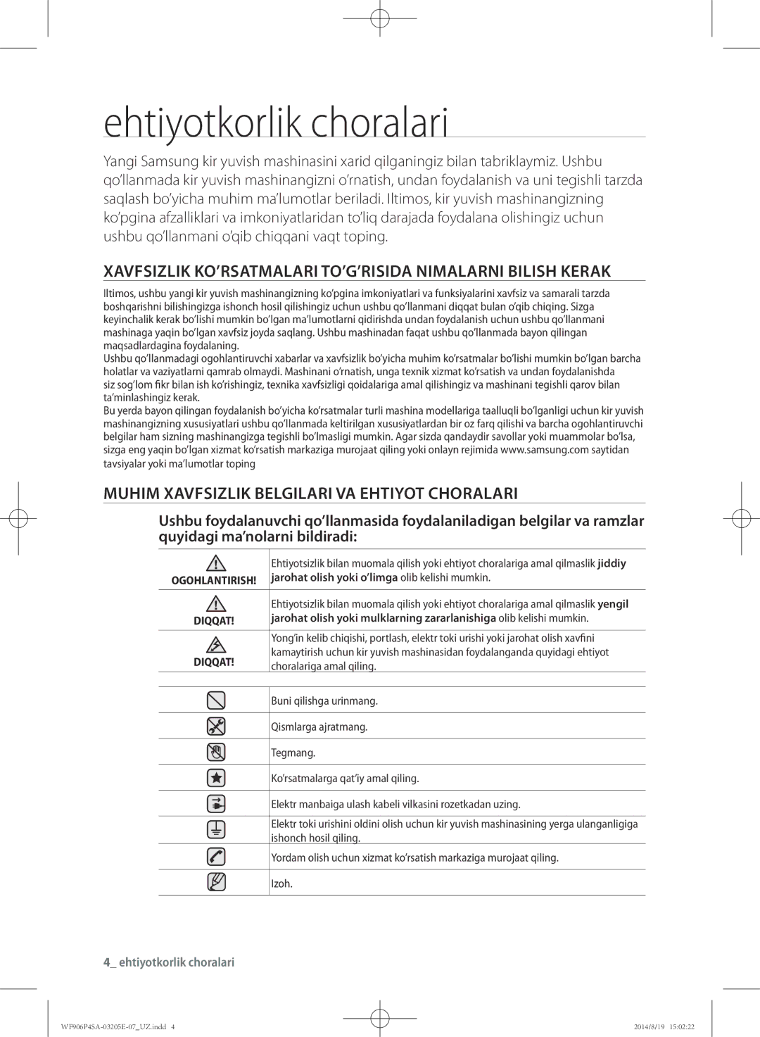 Samsung WF906P4SAWQ/LP manual Ehtiyotkorlik choralari, Xavfsizlik KO’RSATMALARI TO’G’RISIDA Nimalarni Bilish Kerak 