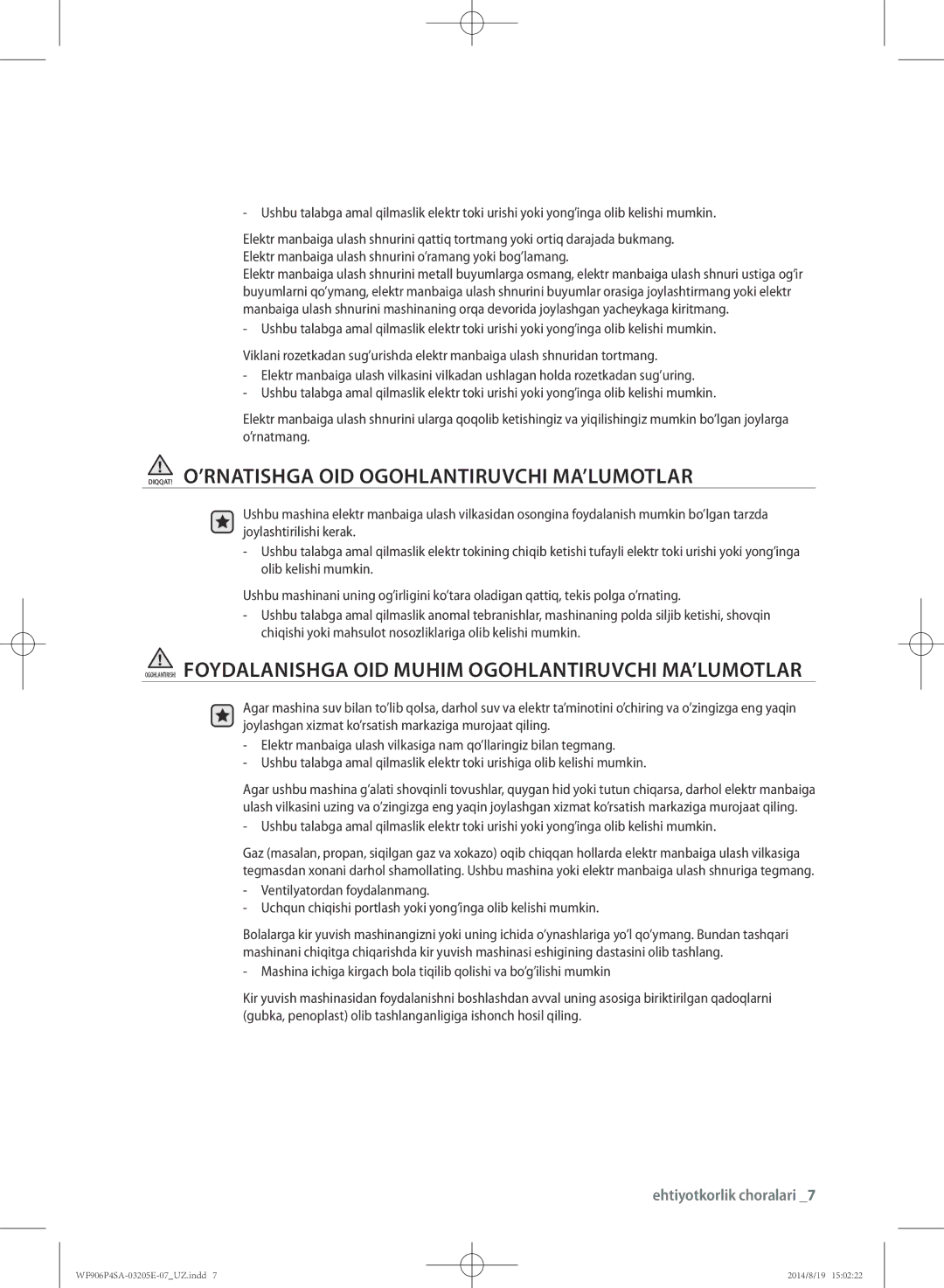 Samsung WF906P4SAGD/LP, WF906P4SAWQ/LP manual DIQQAT! O’RNATISHGA OID Ogohlantiruvchi MA’LUMOTLAR 