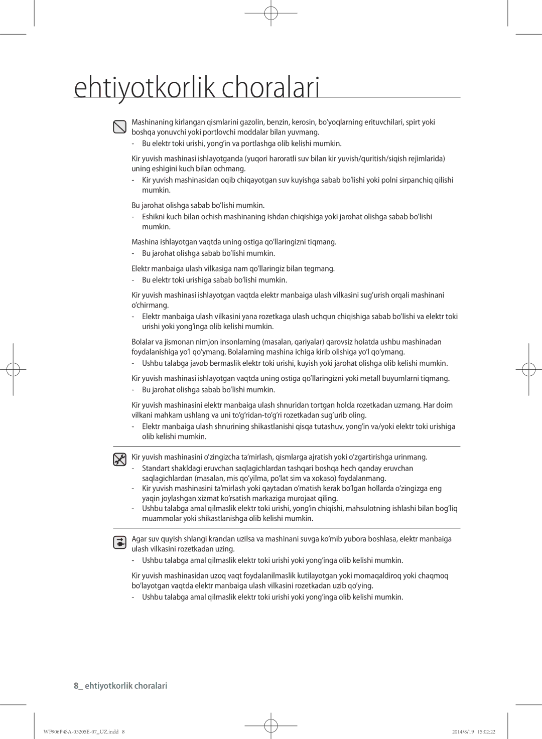 Samsung WF906P4SAWQ/LP, WF906P4SAGD/LP manual Ehtiyotkorlik choralari 