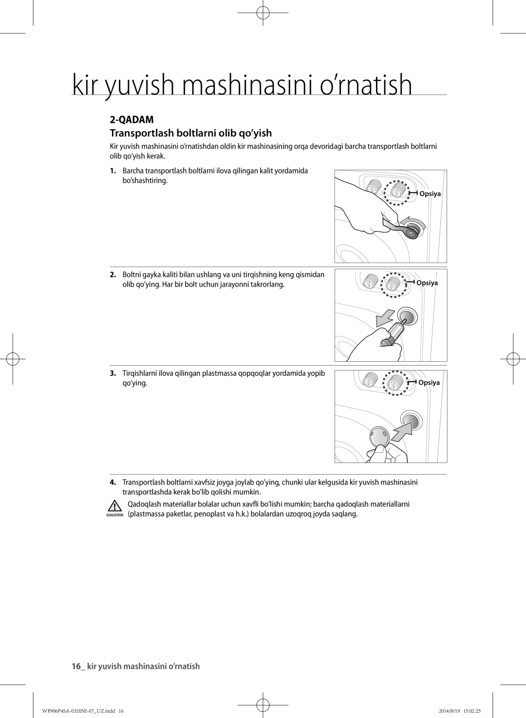 Samsung WF906P4SAWQ/LP, WF906P4SAGD/LP manual Transportlash boltlarni olib qo’yish, Opsiya 