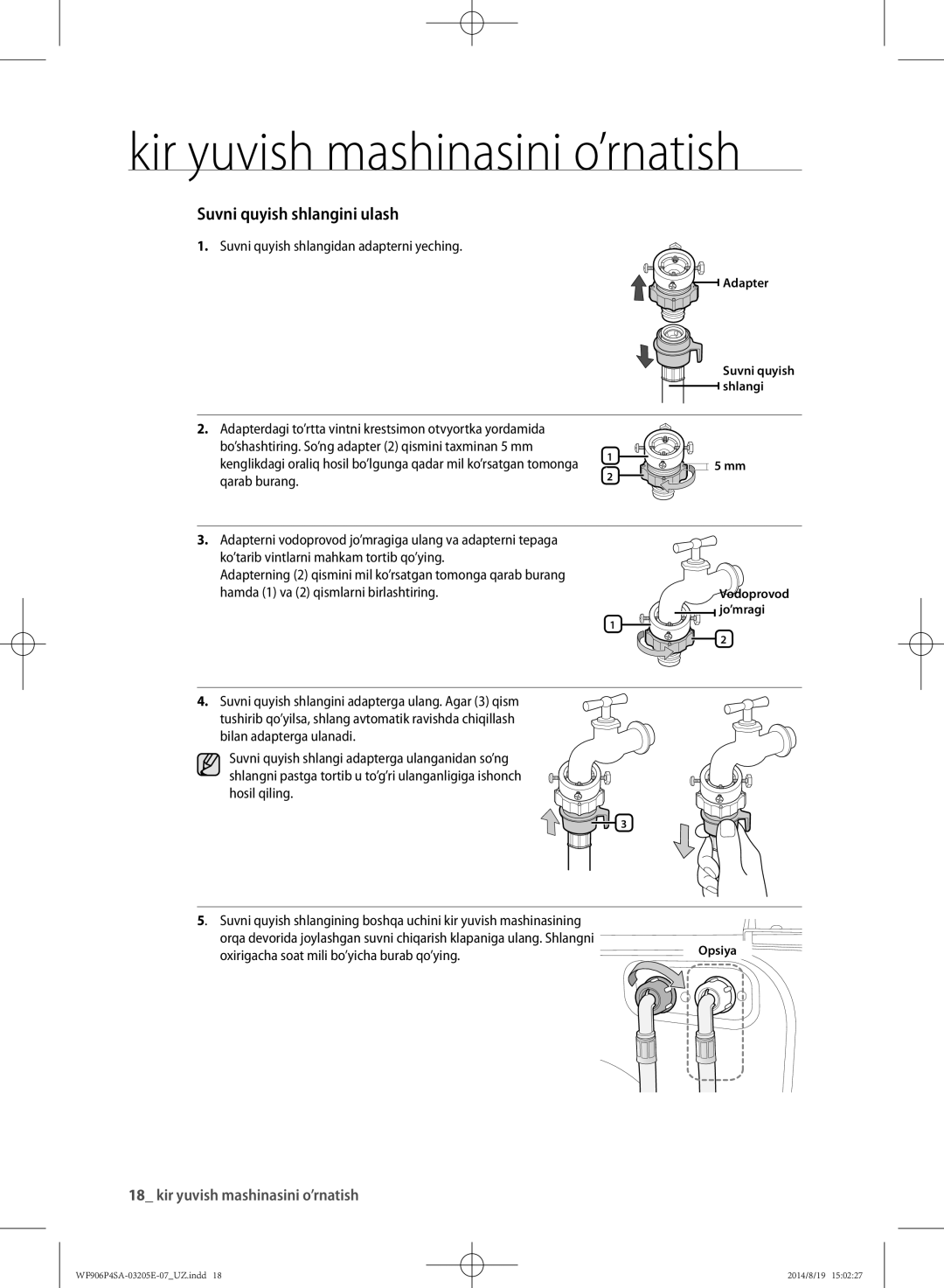 Samsung WF906P4SAWQ/LP manual Suvni quyish shlangidan adapterni yeching, Oxirigacha soat mili bo’yicha burab qo’ying 