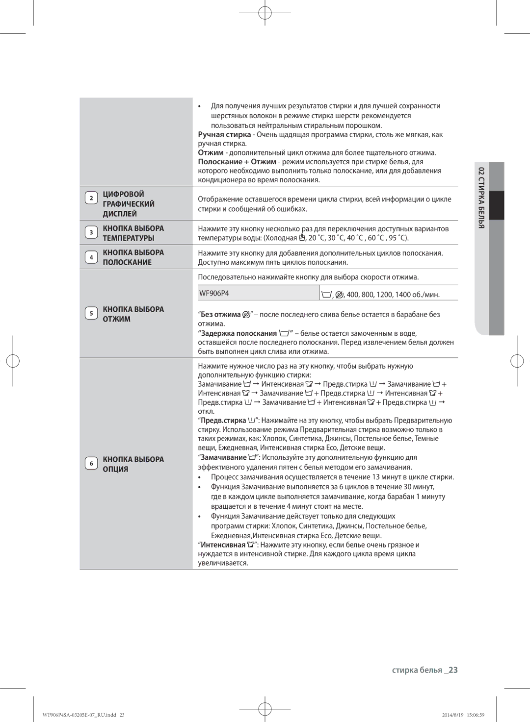 Samsung WF906P4SAGD/LP manual Цифровой, Графический, Дисплей, Кнопка Выбора, Температуры, Полоскание, Отжим, Опция 