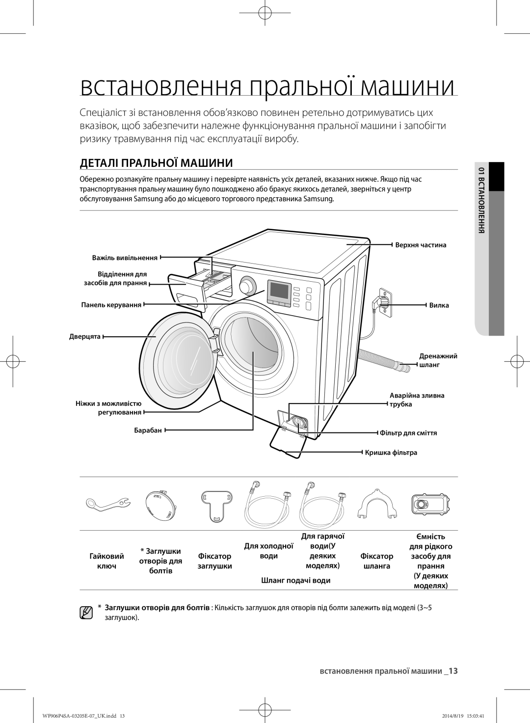 Samsung WF906P4SAGD/LP manual Деталі пральної машини, Встановлення пральної машини, 01 встановлення, Для гарячої Ємність 