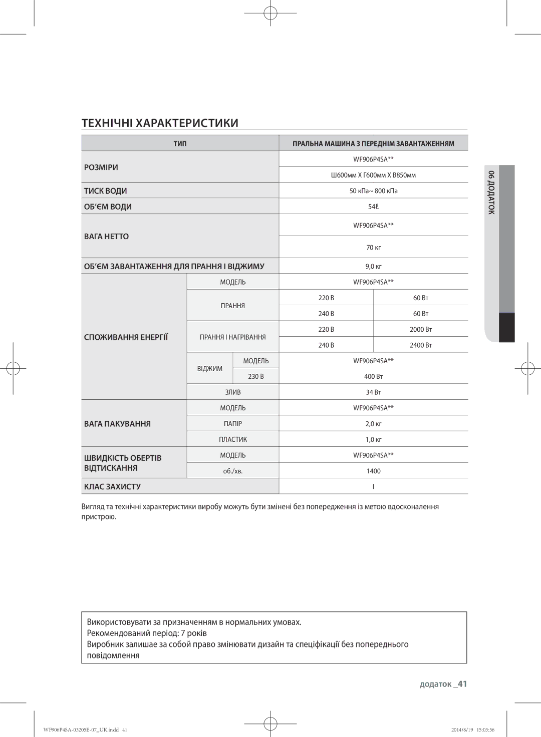 Samsung WF906P4SAGD/LP, WF906P4SAWQ/LP manual Технічні характеристики, Додаток 