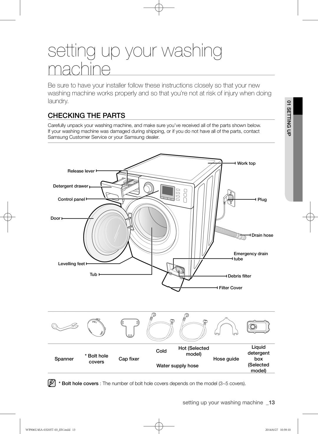 Samsung WF906U4SAGD/SG Setting up your washing machine, Checking the parts, Cold Hot Selected Liquid Bolt hole, Detergent 