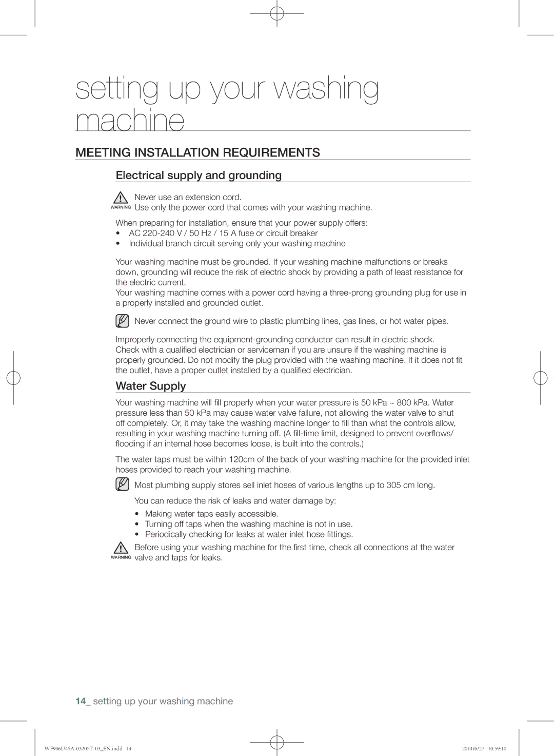 Samsung WF906U4SAGD/SG manual Meeting installation requirements, Electrical supply and grounding, Water Supply 