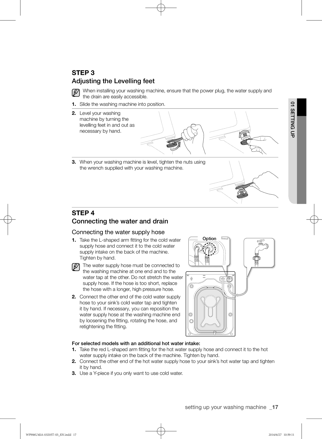 Samsung WF906U4SAGD/SG manual Adjusting the Levelling feet, Connecting the water and drain 