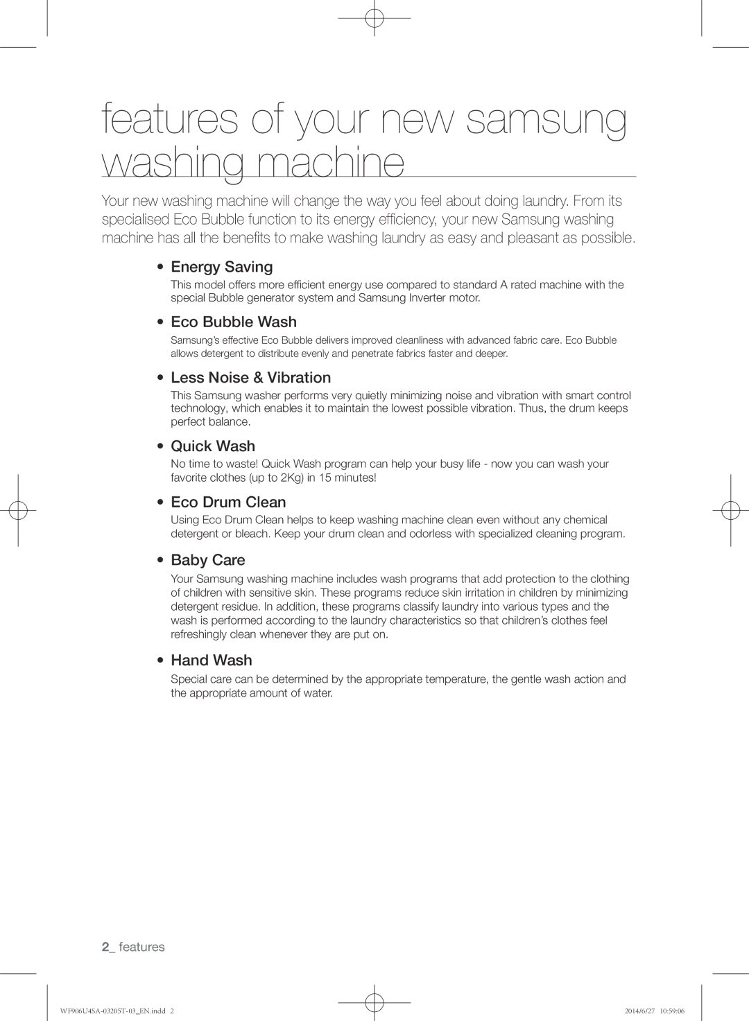 Samsung WF906U4SAGD/SG manual Features of your new samsung washing machine 