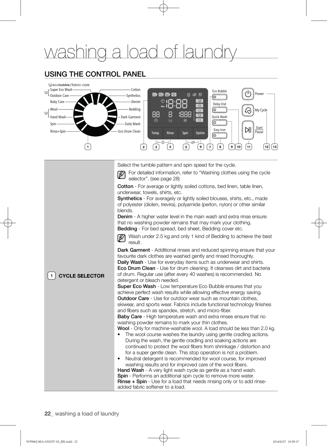 Samsung WF906U4SAGD/SG manual Using the control panel 