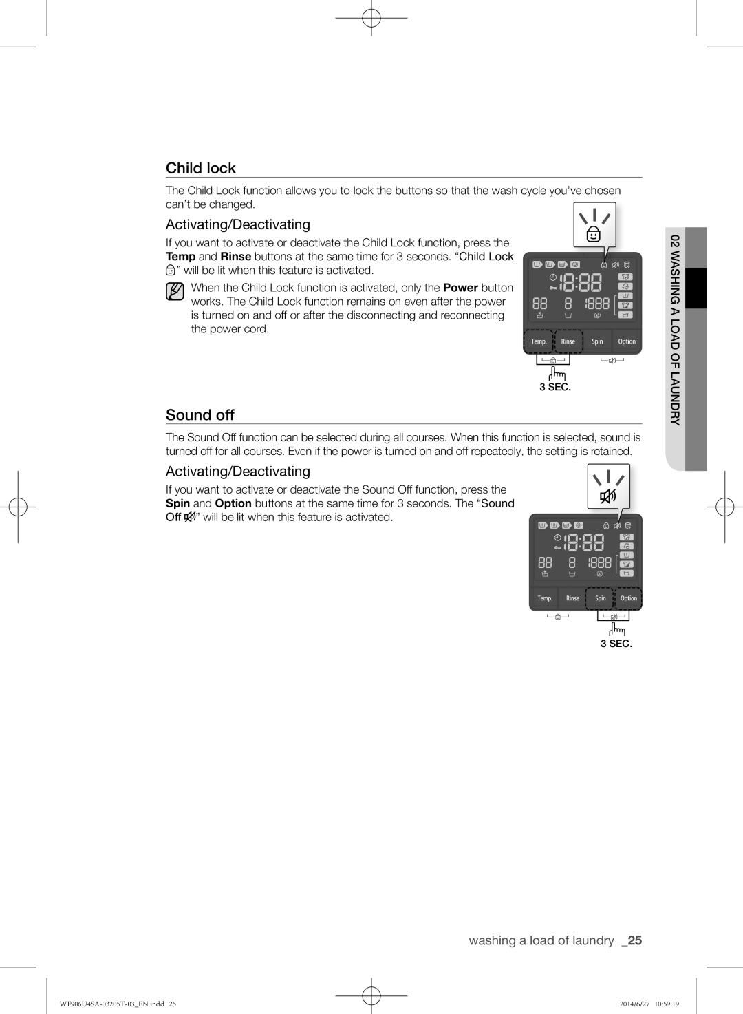 Samsung WF906U4SAGD/SG manual Sound off, Activating/Deactivating 