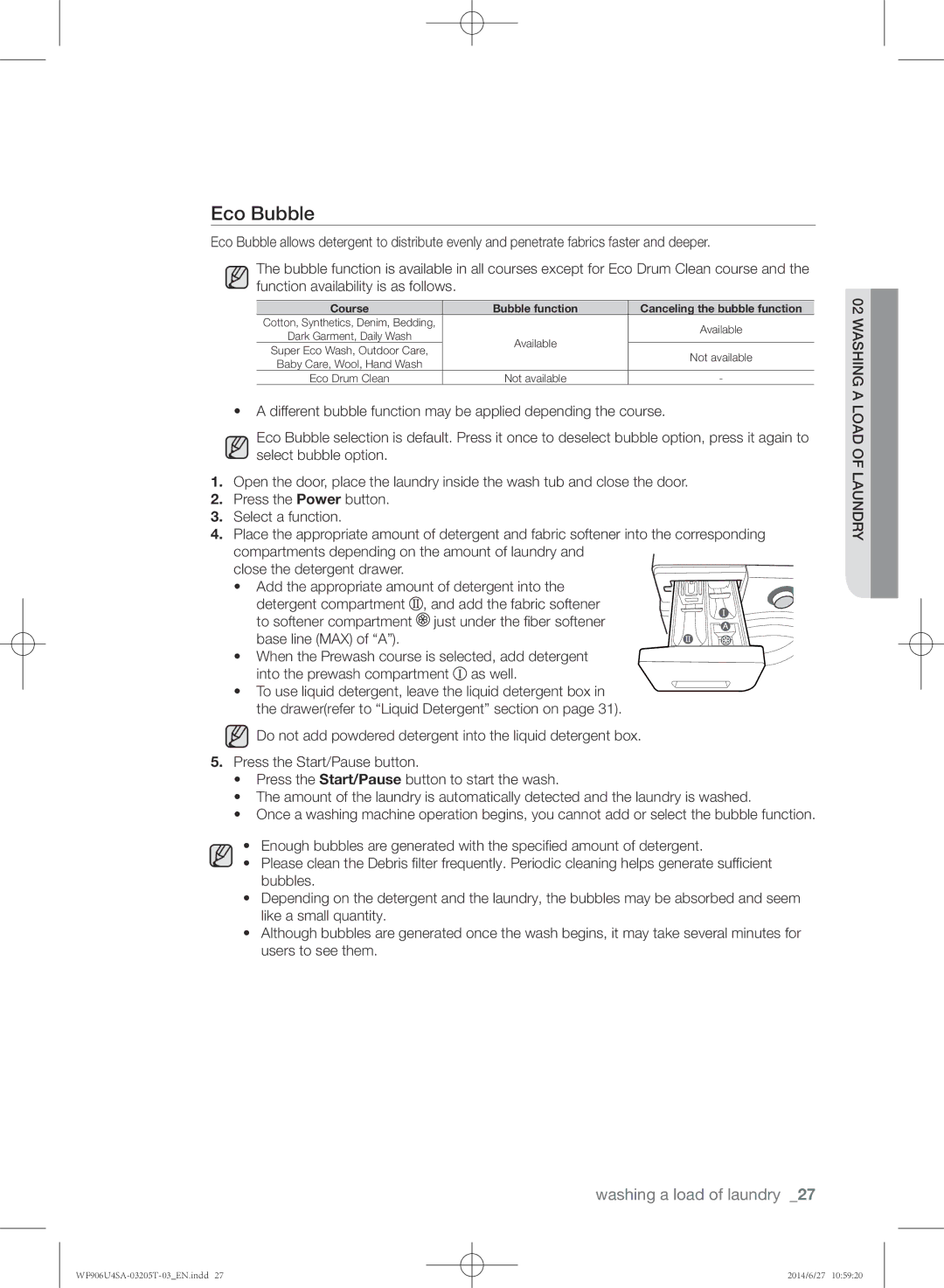 Samsung WF906U4SAGD/SG manual Eco Bubble, Course Bubble function Canceling the bubble function 