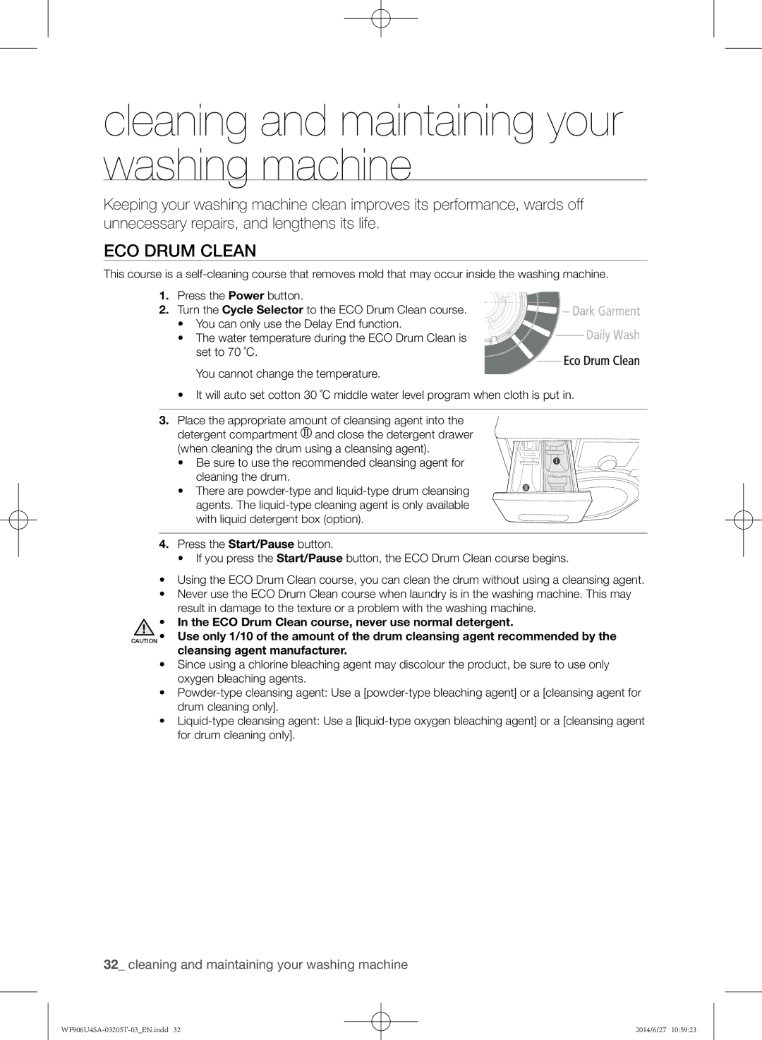 Samsung WF906U4SAGD/SG manual Cleaning and maintaining your washing machine, Eco Drum Clean 