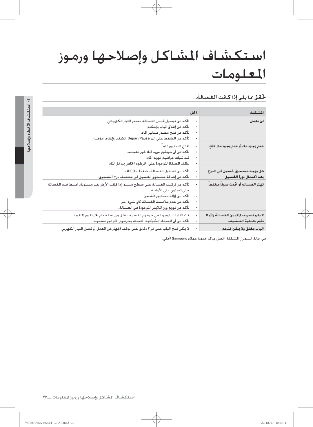 Samsung WF906U4SAGD/SG زومرو اهحلاصإو لكاشلما فاشكتسا تامولعلما, ةلاسغلا تناك اذإ يلي امم ققتح, اهحلاصإو ءاطخلأا فاشكتسا 