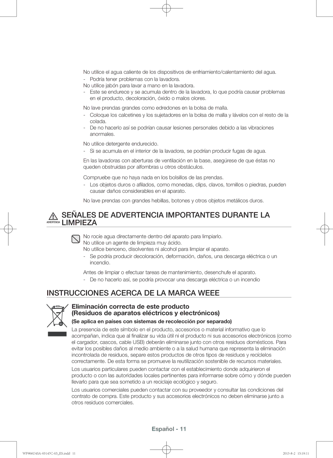 Samsung WF806U4SAWQ3EC manual Señales DE Advertencia Importantes Durante LA, Instrucciones acerca de la marca Weee 