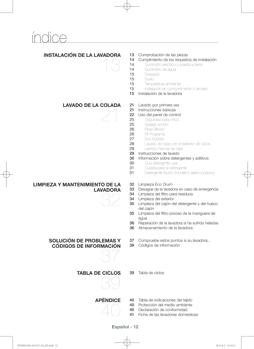 Samsung WF906U4SAWQ/EC Índice, Tabla de indicaciones del tejido, Protección del medio ambiente, Declaración de conformidad 