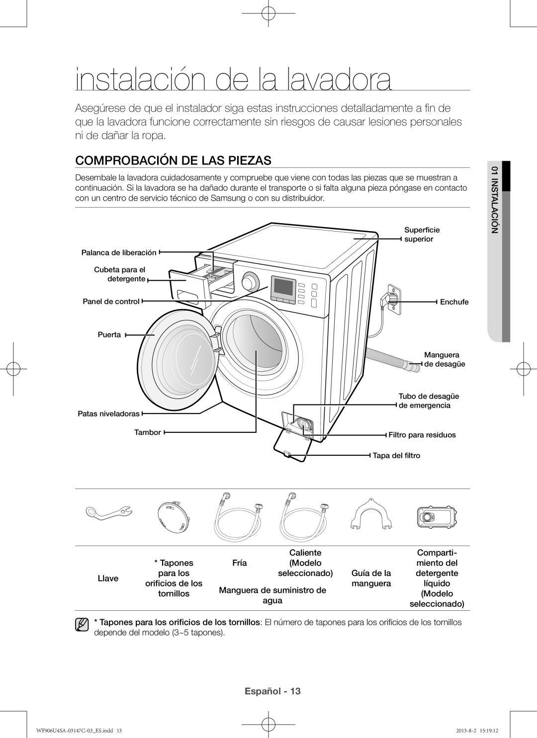 Samsung WF806U4SAWQ/EC Instalación de la lavadora, Comprobación de las piezas, Comparti, Fría Modelo Miento del Llave 