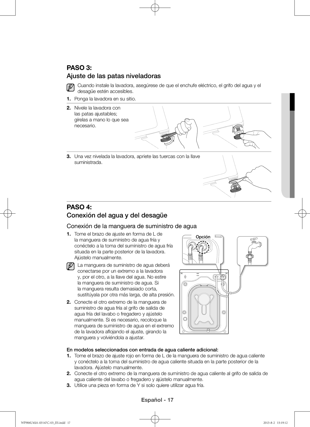 Samsung WF806U4SAWQ/EC, WF906U4SAWQ/EC, WF906U4SAWQ3EC Ajuste de las patas niveladoras, Conexión del agua y del desagüe 