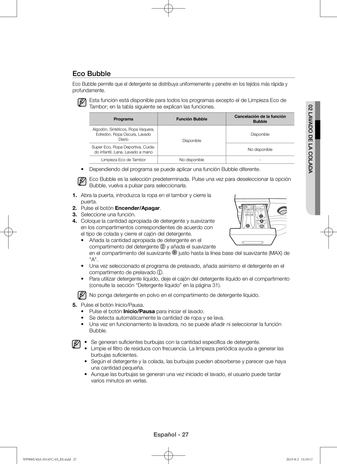 Samsung WF806U4SAWQ3EC, WF906U4SAWQ/EC, WF806U4SAWQ/EC, WF906U4SAWQ3EC manual Eco Bubble, Seleccione una función 