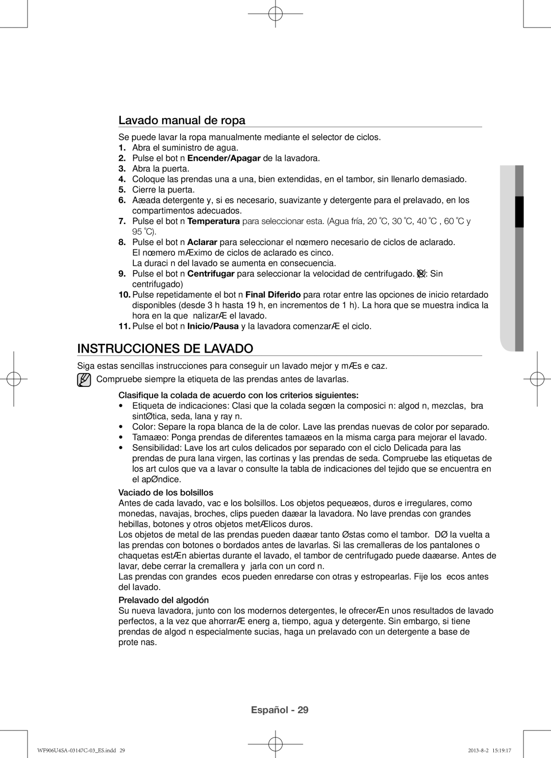 Samsung WF806U4SAWQ/EC, WF906U4SAWQ/EC, WF906U4SAWQ3EC, WF806U4SAWQ3EC Instrucciones de lavado, Lavado manual de ropa 