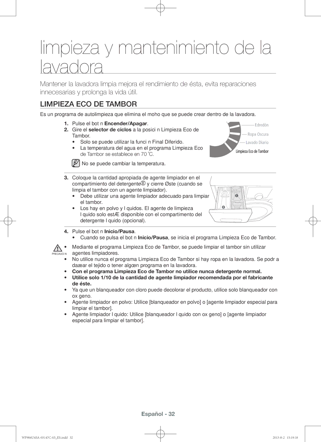 Samsung WF906U4SAWQ/EC, WF806U4SAWQ/EC, WF906U4SAWQ3EC manual Limpieza y mantenimiento de la lavadora, Limpieza Eco de Tambor 