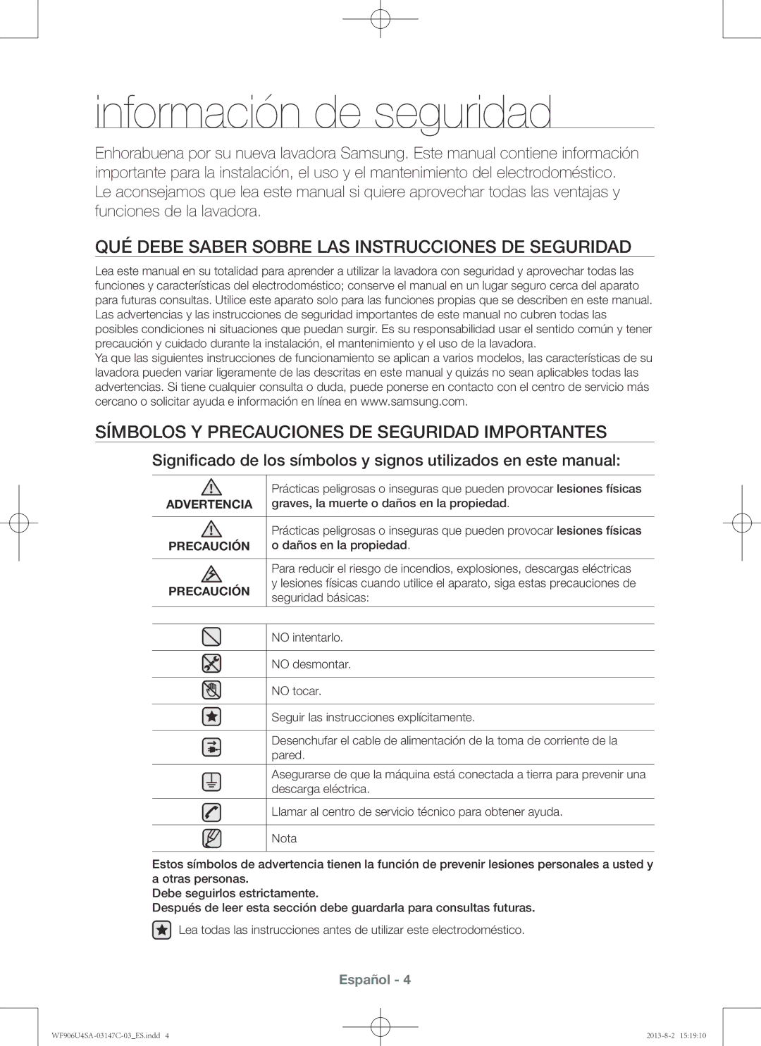 Samsung WF906U4SAWQ/EC manual Información de seguridad, Qué debe saber sobre las instrucciones de seguridad, Advertencia 