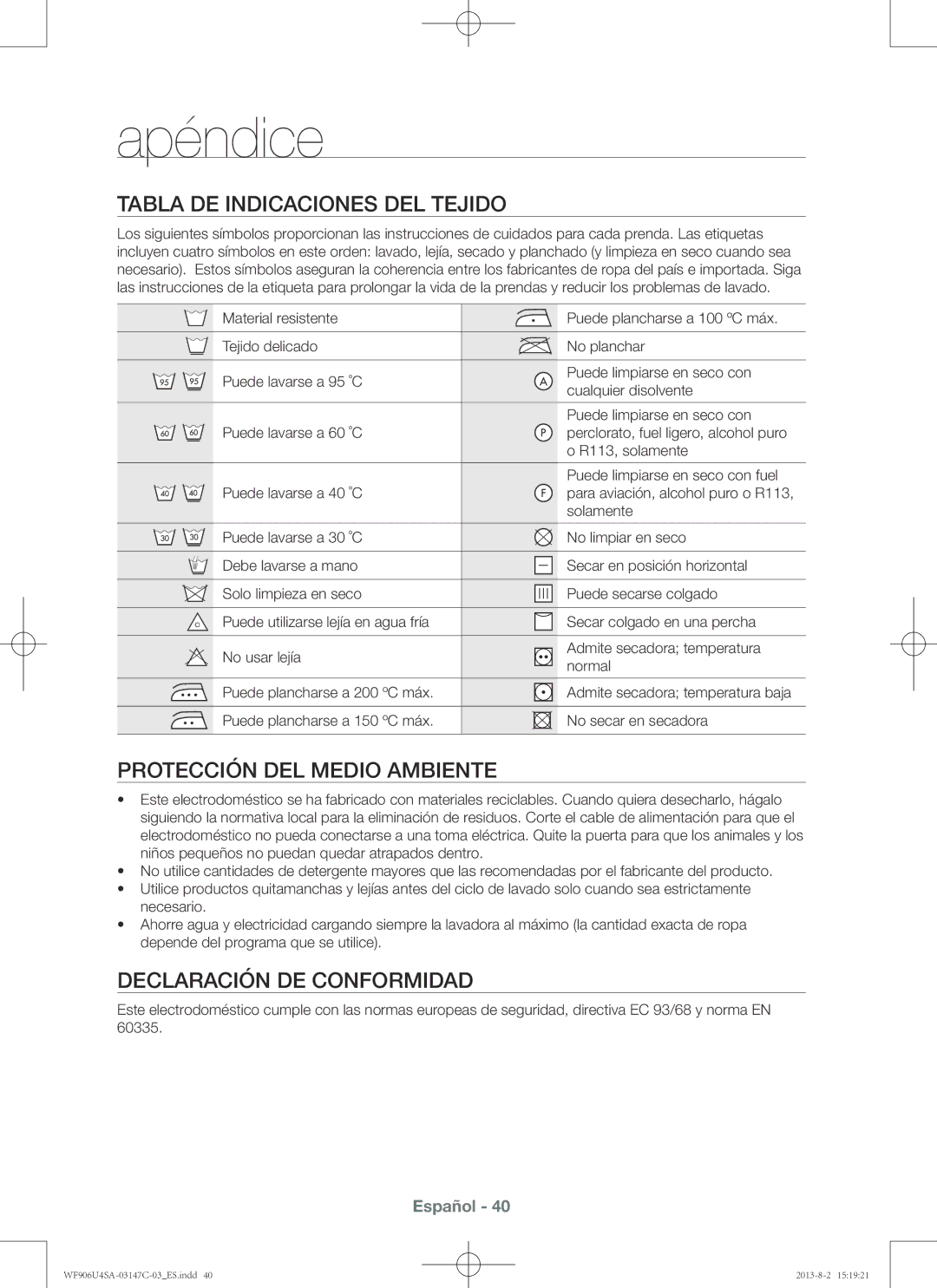 Samsung WF906U4SAWQ/EC, WF806U4SAWQ/EC manual Apéndice, Tabla de indicaciones del tejido, Protección del medio ambiente 