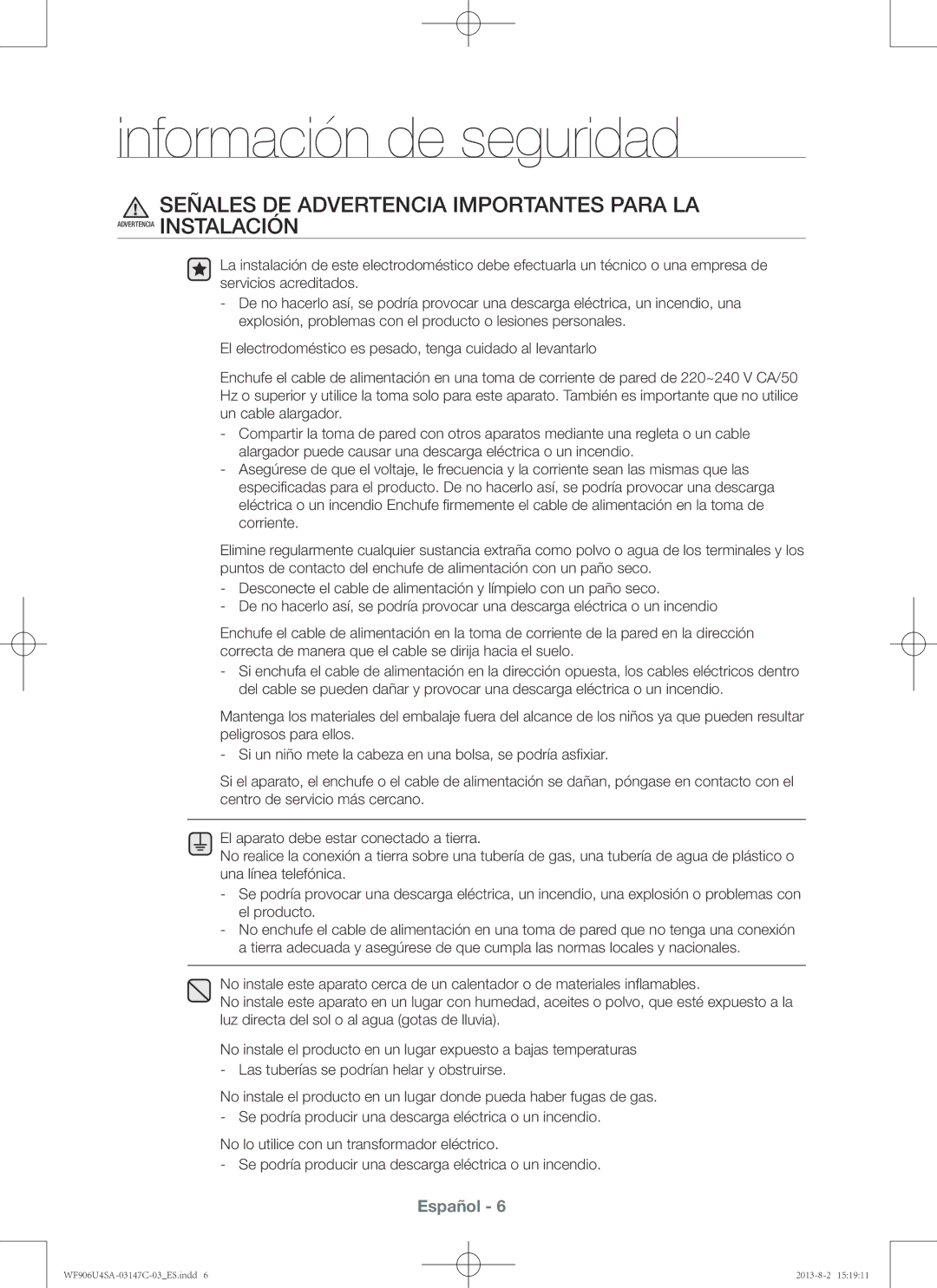 Samsung WF906U4SAWQ3EC, WF906U4SAWQ/EC, WF806U4SAWQ/EC, WF806U4SAWQ3EC manual Señales DE Advertencia Importantes Para LA 