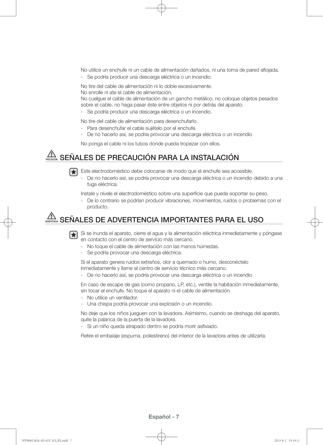 Samsung WF806U4SAWQ3EC, WF906U4SAWQ/EC, WF806U4SAWQ/EC, WF906U4SAWQ3EC Precaución Señales DE Precaución Para LA Instalación 