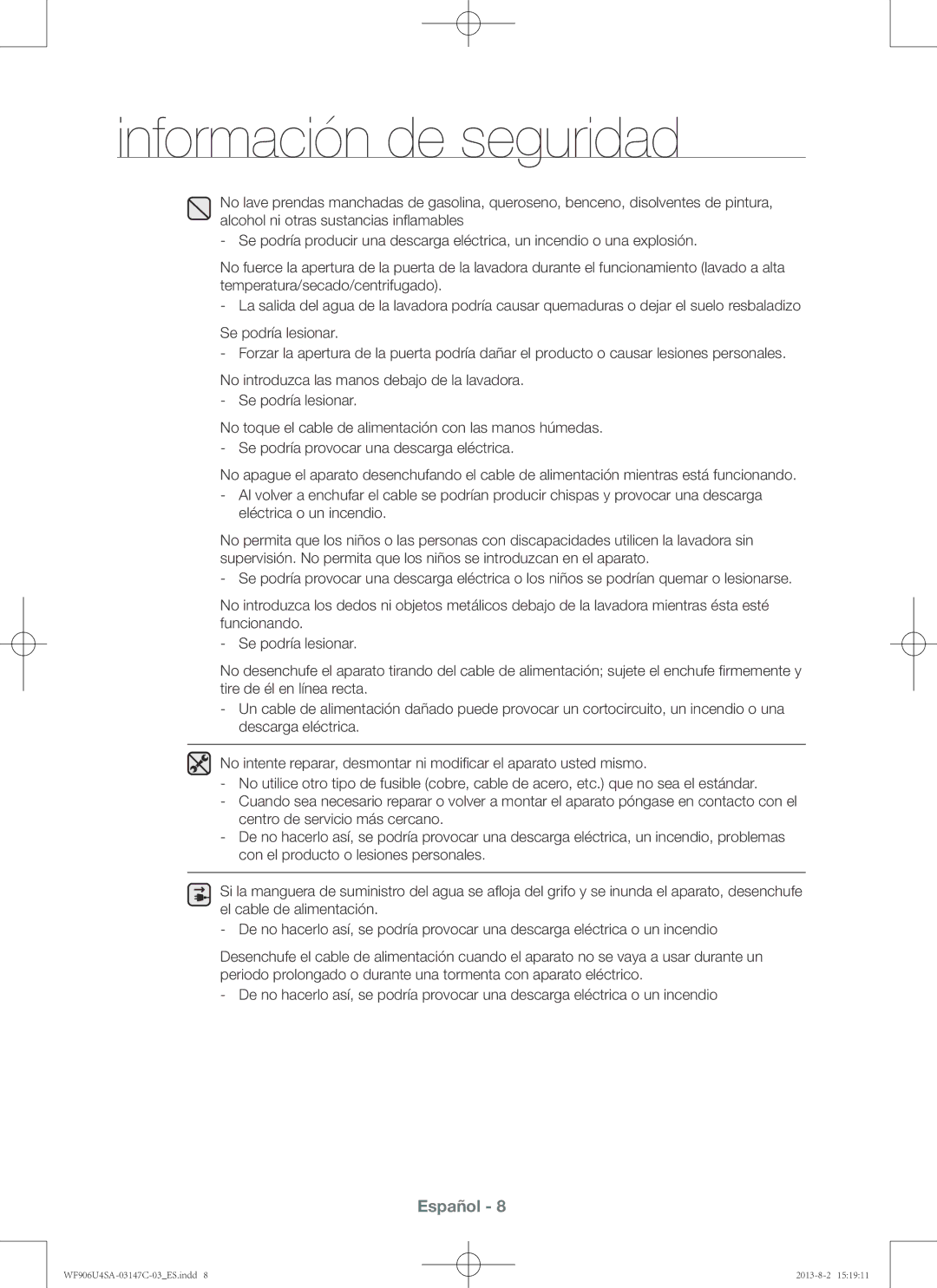 Samsung WF906U4SAWQ/EC, WF806U4SAWQ/EC, WF906U4SAWQ3EC, WF806U4SAWQ3EC manual Información de seguridad 