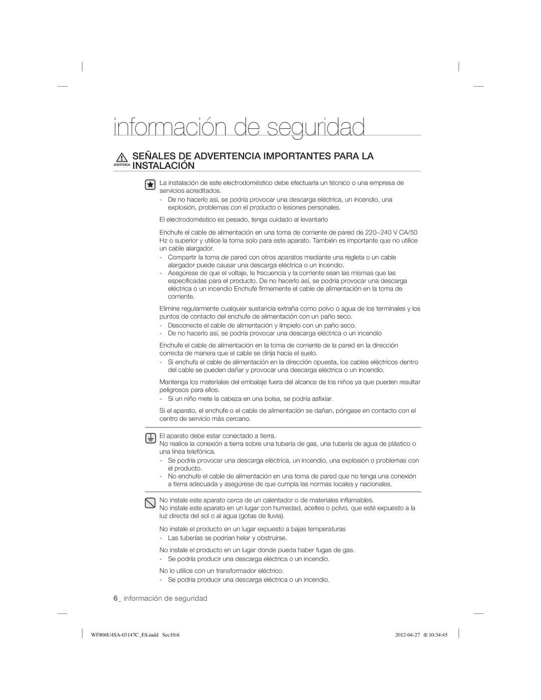 Samsung WF806U4SAWQ/EC, WF906U4SAWQ/EC manual Señales DE Advertencia Importantes Para LA 