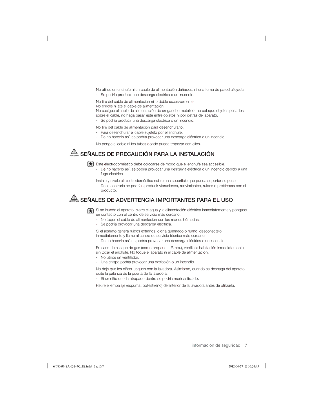 Samsung WF906U4SAWQ/EC, WF806U4SAWQ/EC manual Precaución Señales DE Precaución Para LA Instalación 