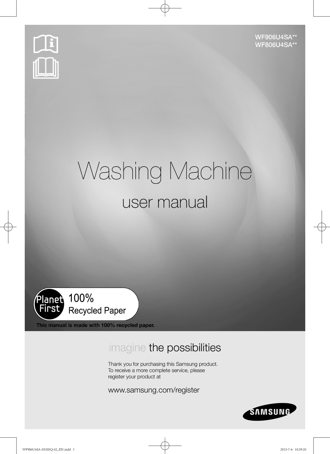 Samsung WF906U4SAWQ/KJ manual Washing Machine, This manual is made with 100% recycled paper 